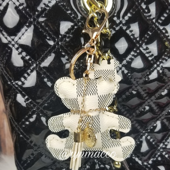 Black White Leather Teddy Bear Tassel Keyring - Picture 2 of 8